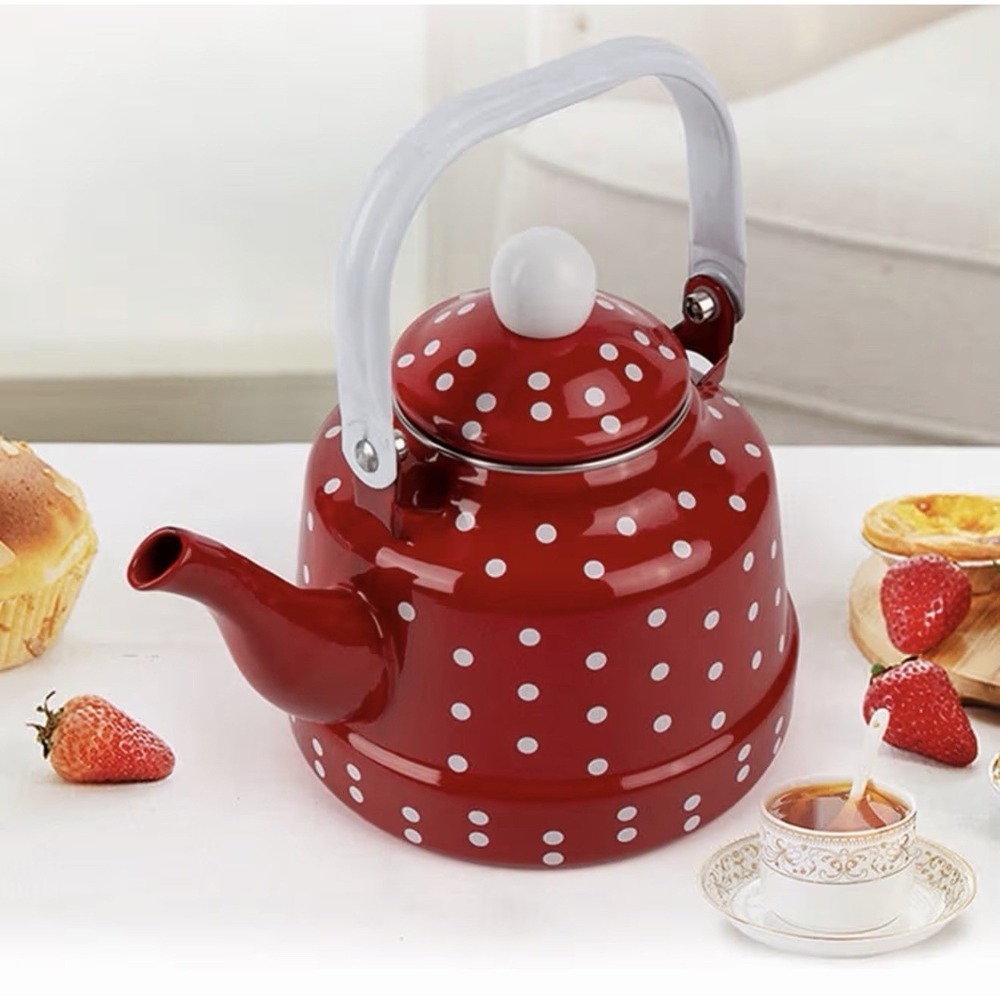 1L Red White Polka Dot Enamel Tea Kettle Teapot w/ Lid Stovetop Water Boiler